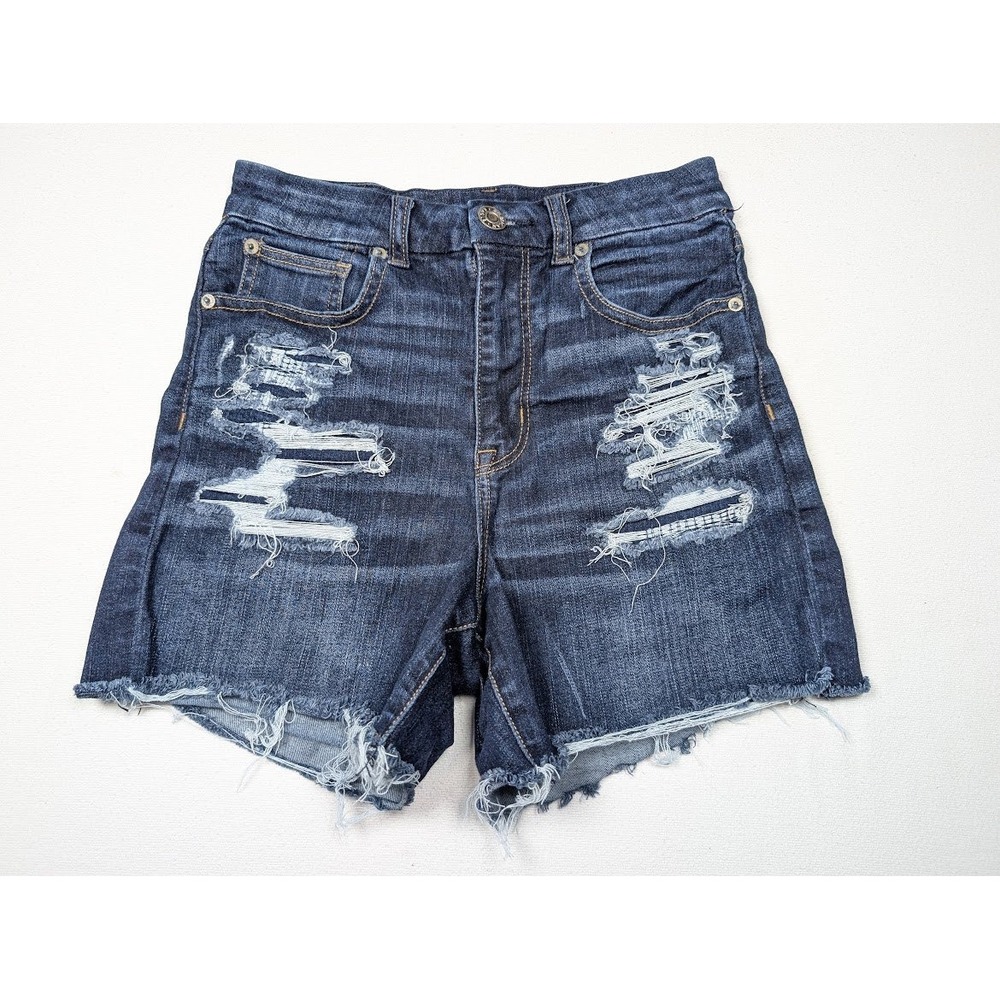 American Eagle Curvy Hi Rise Shortie Cut Off Shorts Size 2 Distressed Denim